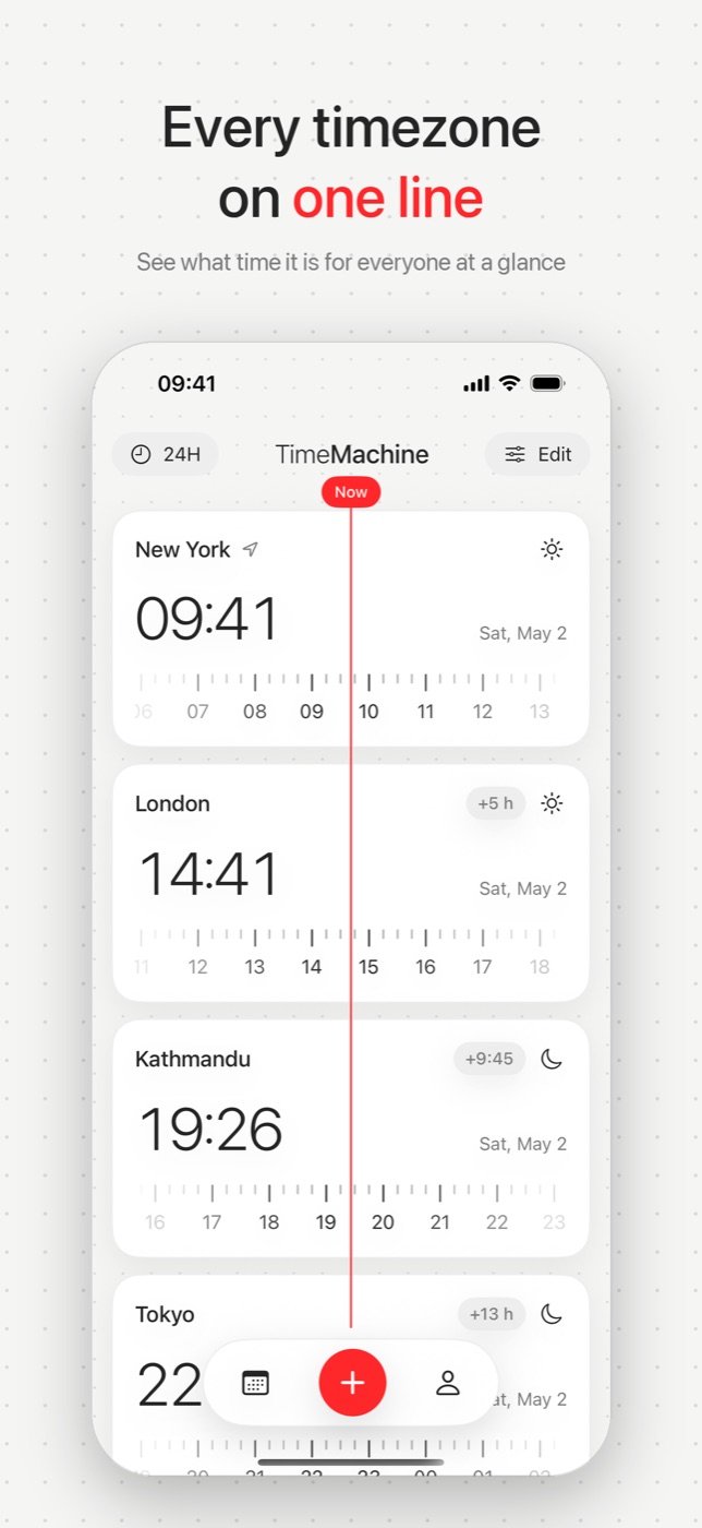 TimeMachine main screen: New York, London, Kathmandu and Tokyo on one red line